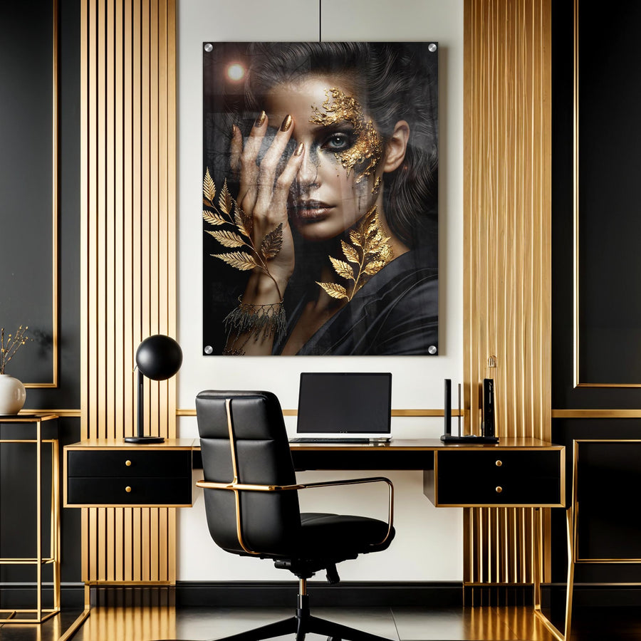 Opulent Abstract Portrait Acrylic Wall Art – Black & Gold Woman