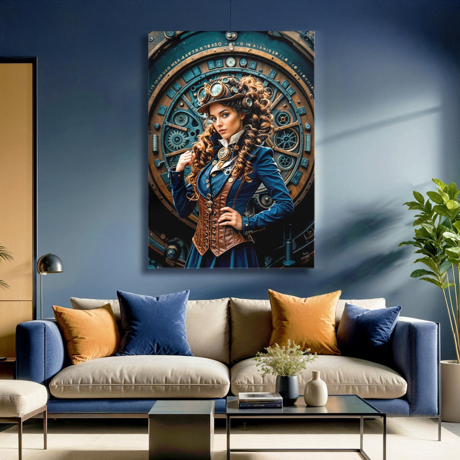 Steampunk Fantasy Blue Canvas Wall Art – Guardian of the Clockwork Portal