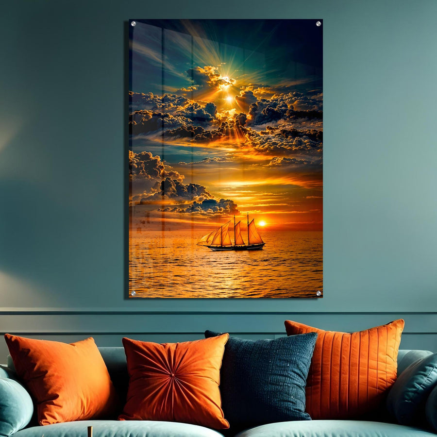 Warm Seascape Ship Acrylic Wall Art – Dramatic Sunset
