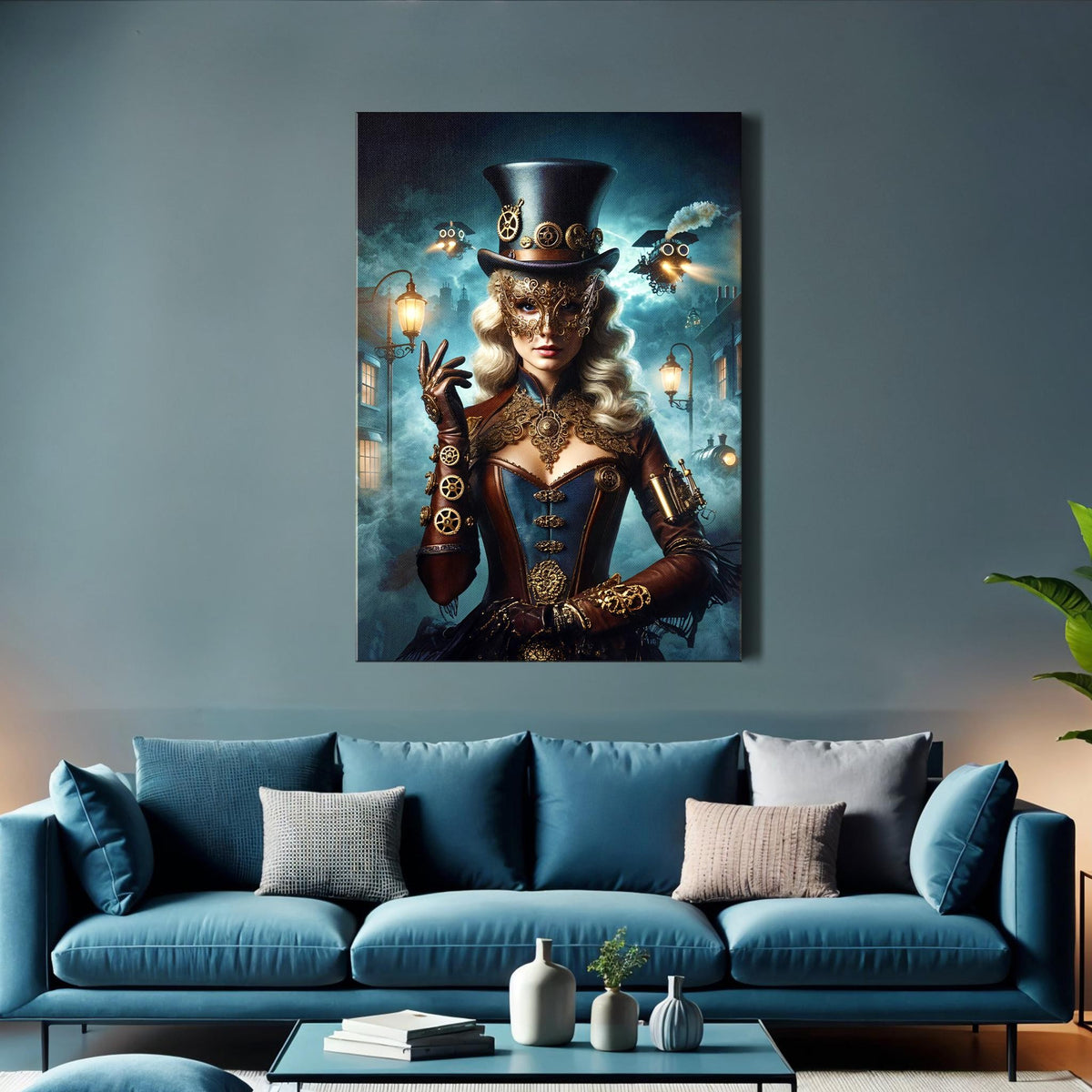 Masked Lady of the Steampunk Night canvas wall art print in a styled room