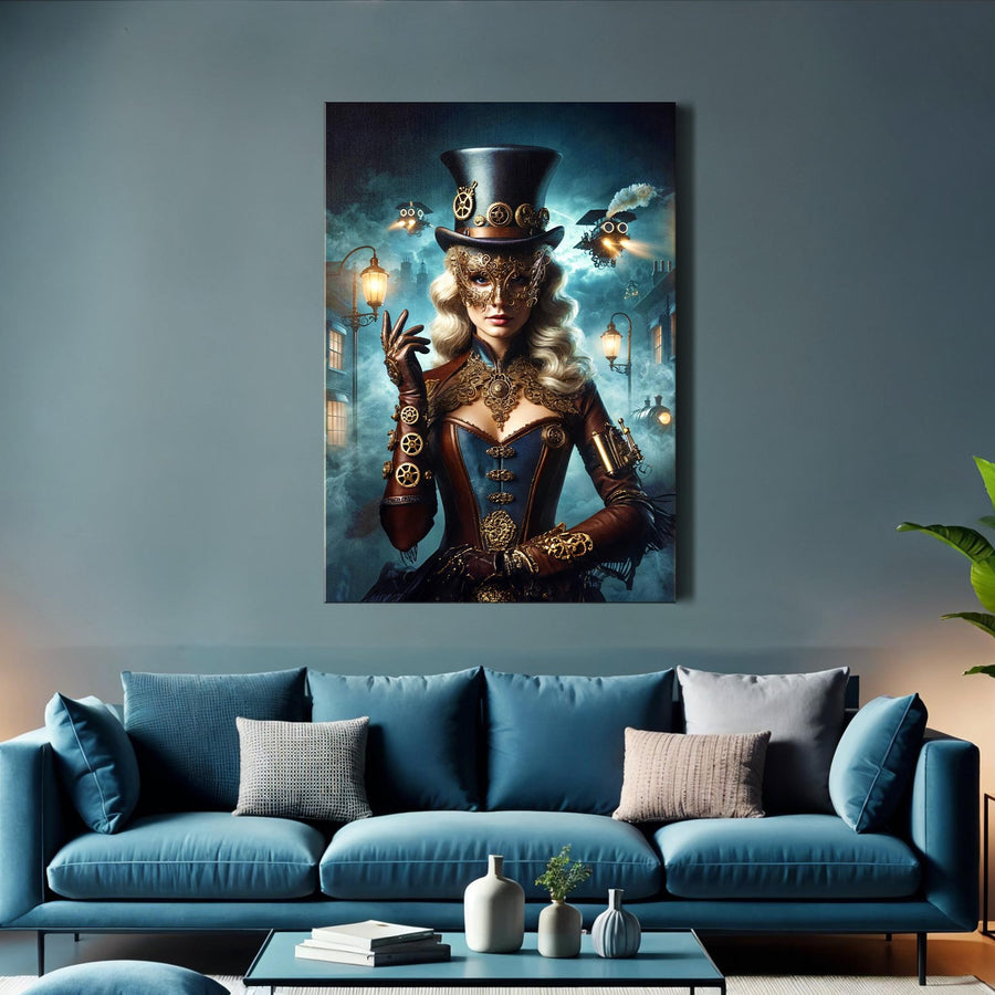 Victorian Sci-Fi Blue & Gold Canvas Wall Art – Masked Lady of the Steampunk Night