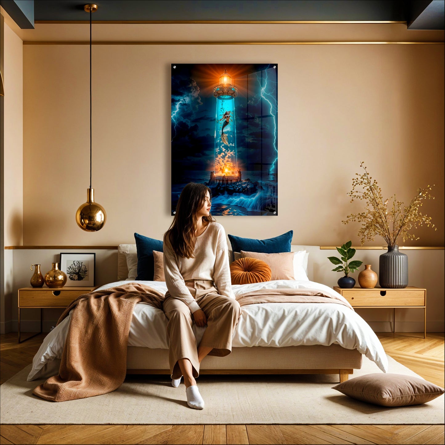Acrylic Wall Art Mermaid & Lighthouse Fantasy – Ocean Storm Art Decor