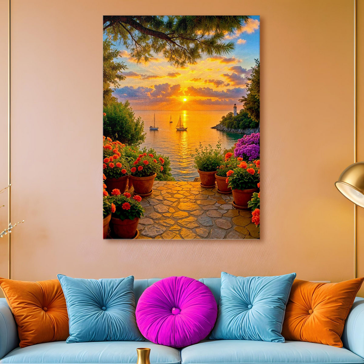 Mediterranean Lighthouse Sunset Canvas Wall Art canvas wall art print in a styled room