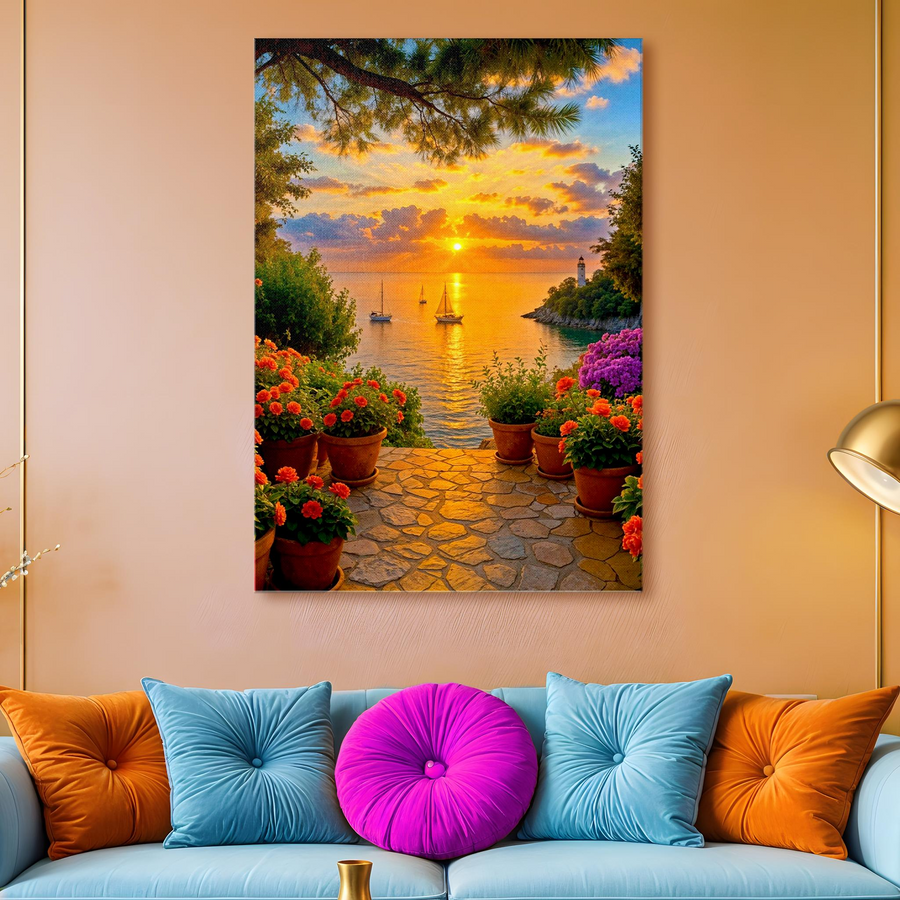 Mediterranean Lighthouse Sunset Canvas Wall Art
