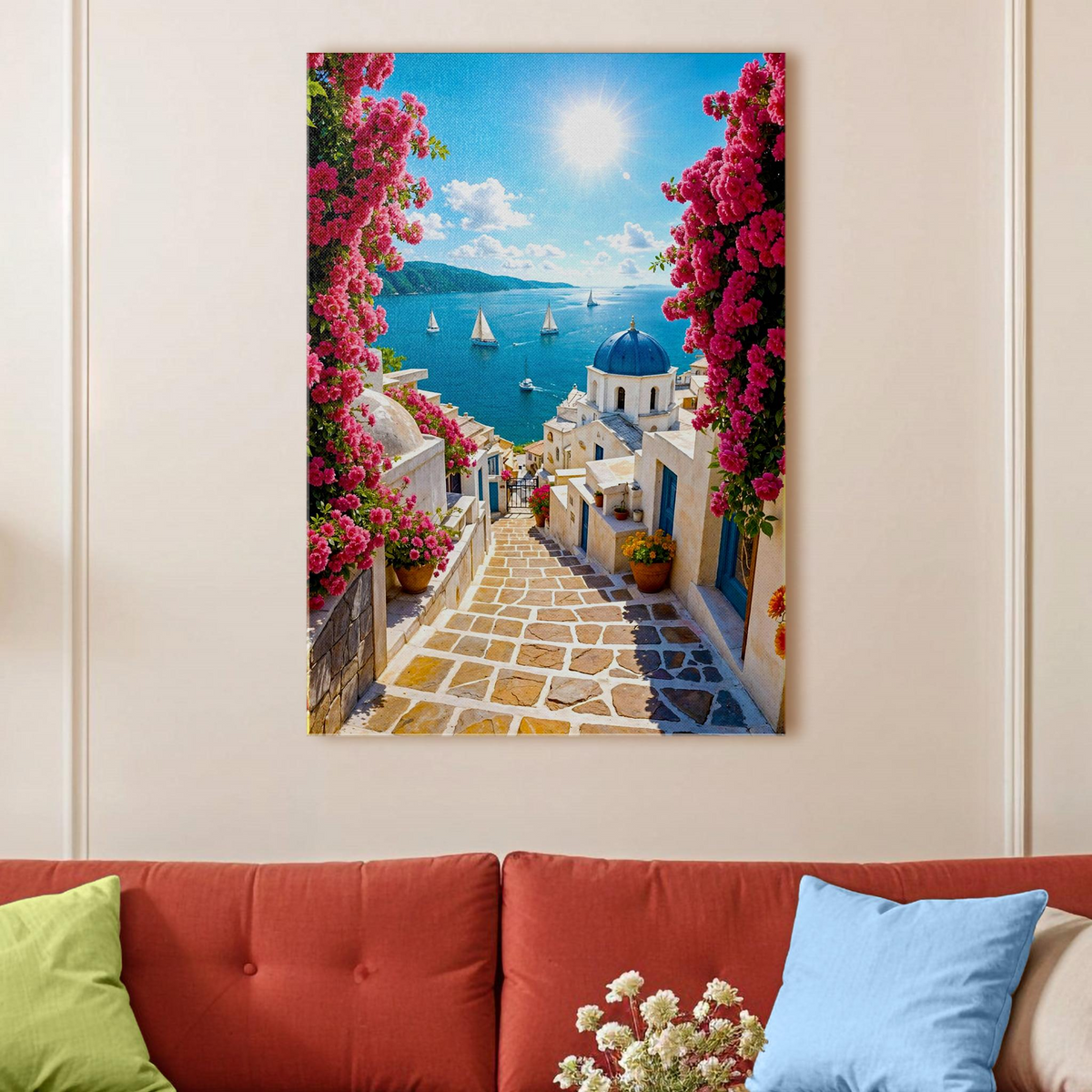 Santorini Steps Greece Coastal Canvas Wall Art canvas wall art print in a styled room