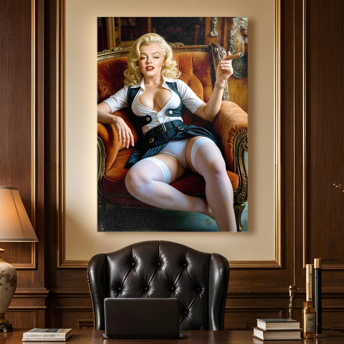 Marilyn Monroe Executive Cigar Canvas Wall Art canvas wall art print in a styled room