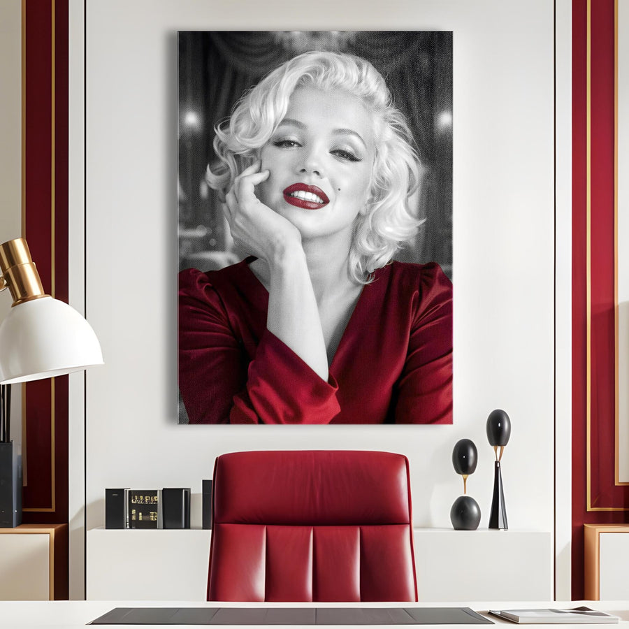 Marilyn Monroe Red Lips Black & White Canvas Wall Art