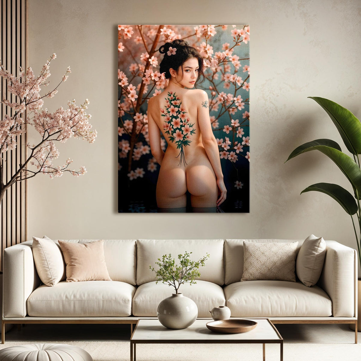 Cuadro en lienzo de desnudo japonés y sakura – Musa de las flores de cerezo