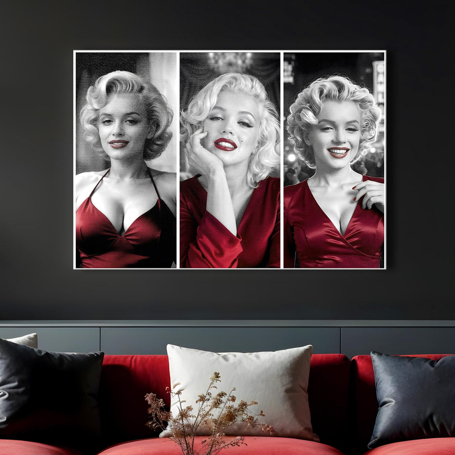 Marilyn Monroe Red Dress Triptych Canvas Wall Art