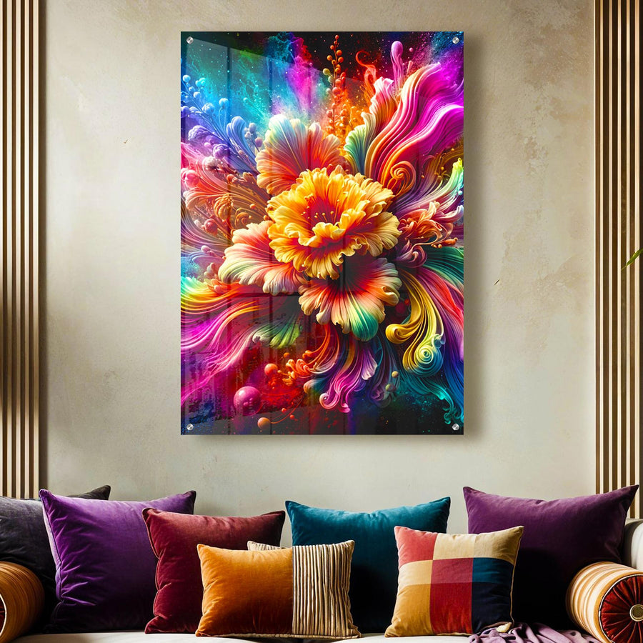 Rainbow Abstract Floral Acrylic Wall Art – Colorful Painted Flower
