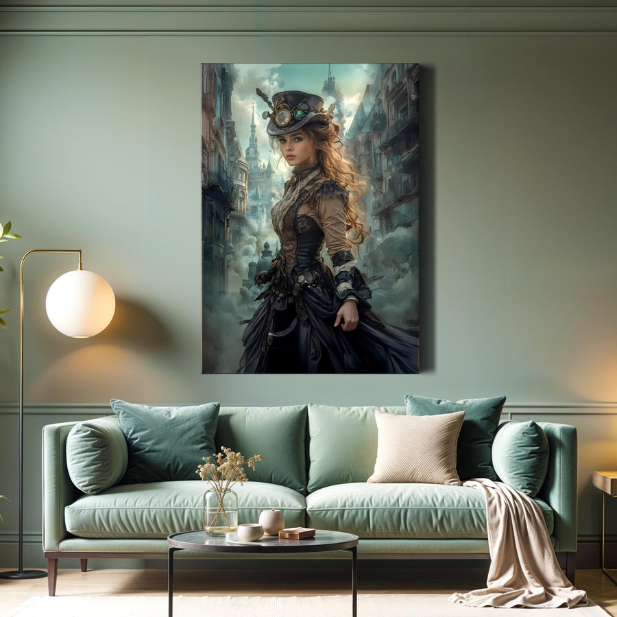 Victorian Clockwork Green Canvas Wall Art – Steampunk Wanderer of the Foggy City