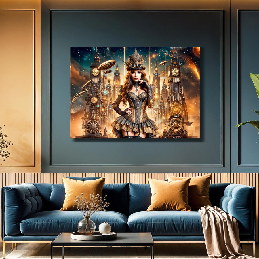 Steampunk Gold & Orange Canvas Wall Art – Empress of the Clockwork Skyline