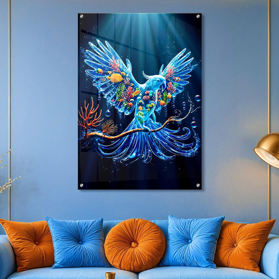 Underwater Bird Blue Acrylic Wall Art – Majestic Water Parrot