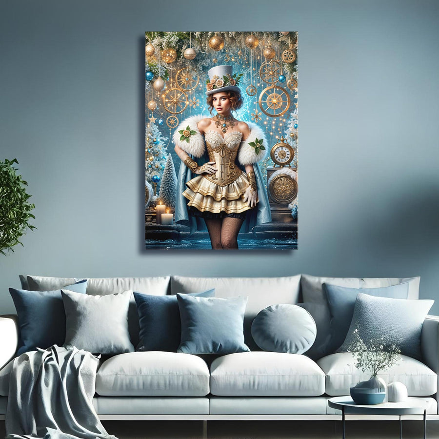 Steampunk Fantasy White & Gold Canvas Wall Art – Snow Queen of the Clockwork Realm