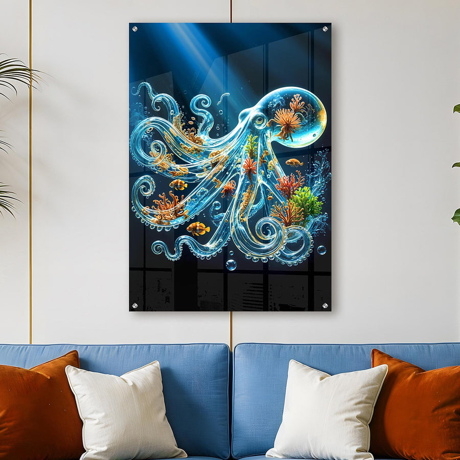Underwater Marine Blue Acrylic Wall Art – Luminous Water Octopus