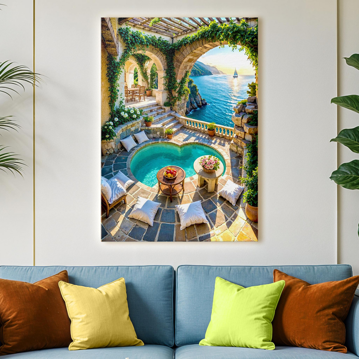Mediterranean Villa Pool Coastal Canvas Wall Art canvas wall art print in a styled room