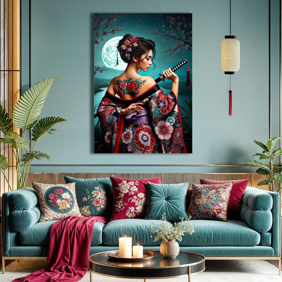 Japanese Samurai Blue Canvas Wall Art – Moonlit Geisha