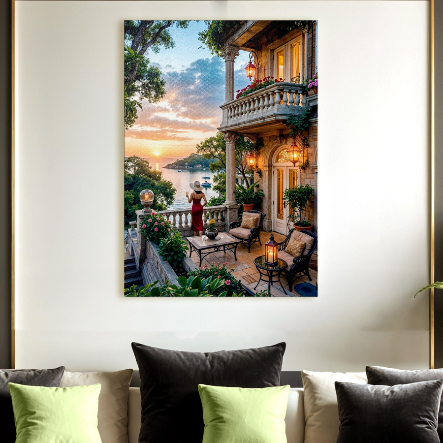 Mediterranean Sunset Villa Coastal Canvas Wall Art
