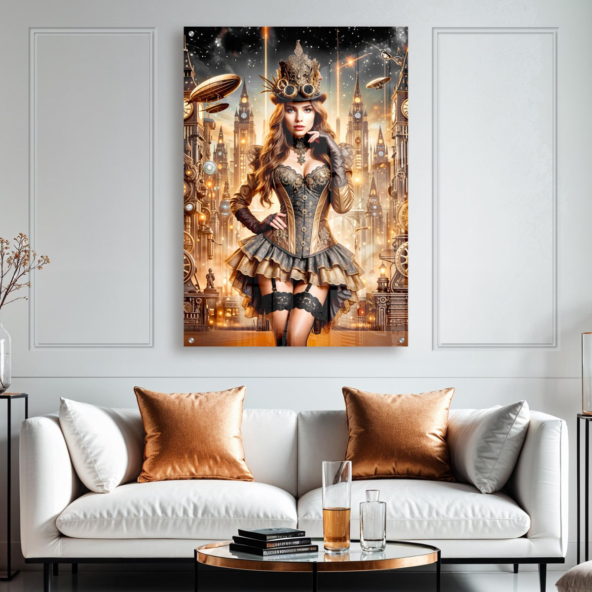 Victorian Steampunk Gold Portrait Acrylic Wall Art acrylic wall art print in a styled room