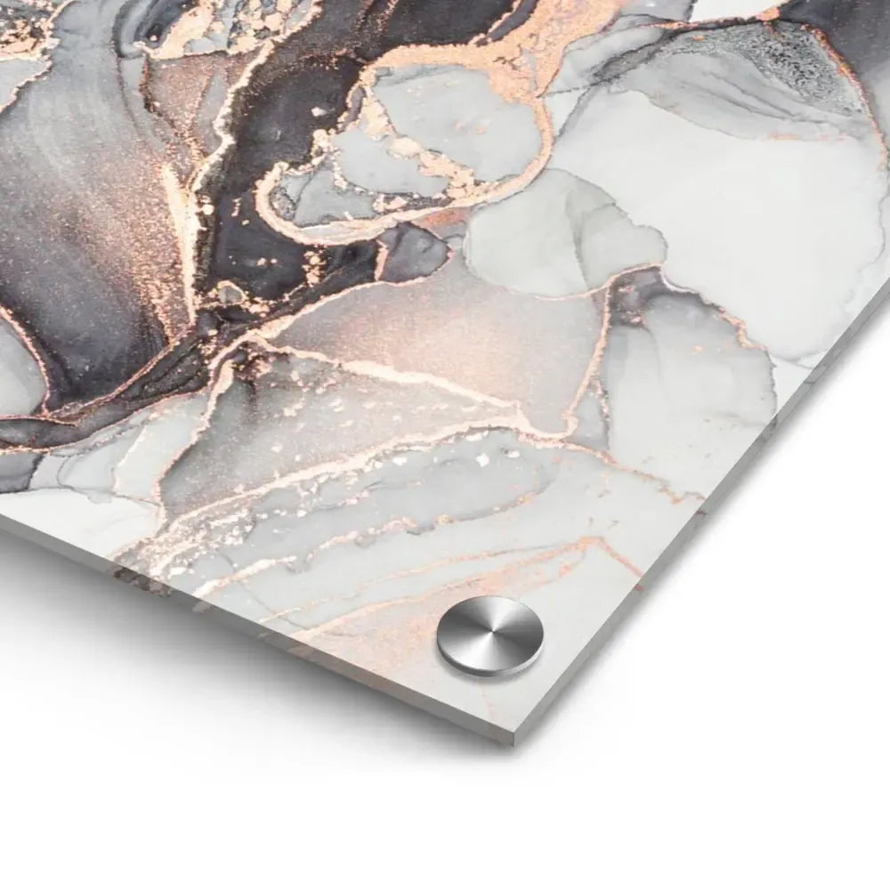 Ecke eines Acrylglasbilds mit glänzender, glasähnlicher Oberfläche und Abstandshalter
