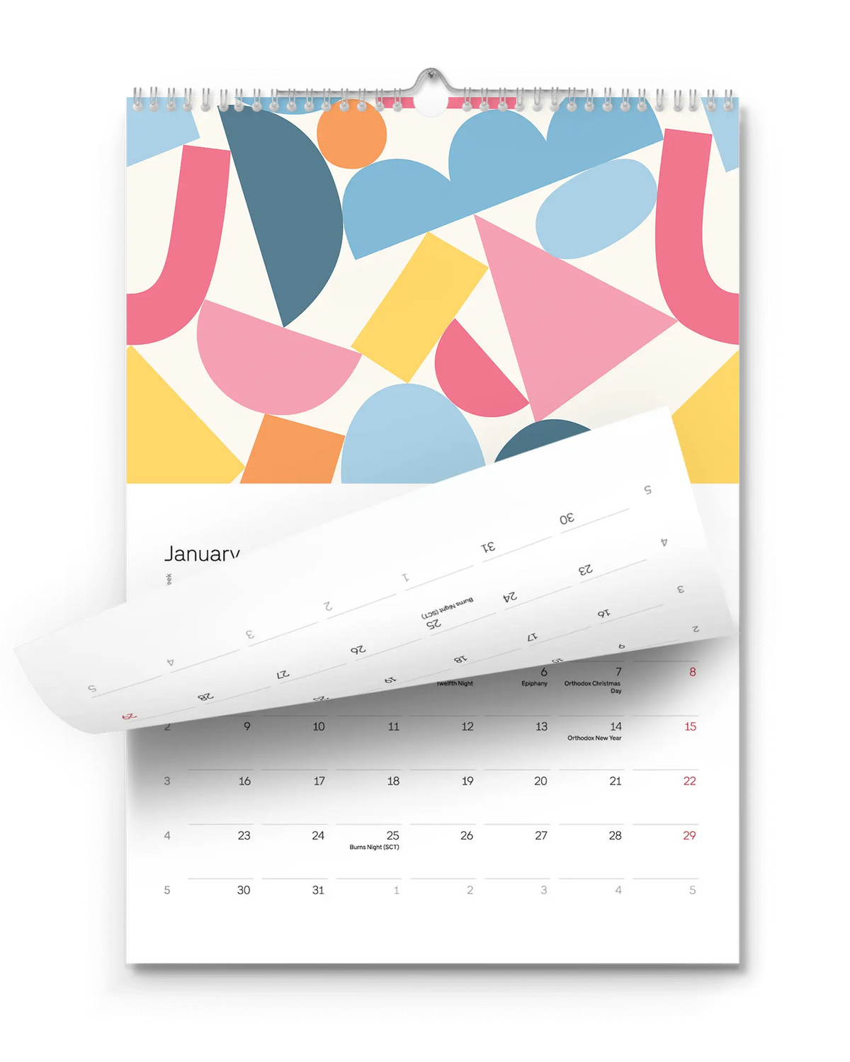 Calendario de pared con una página de cuadrícula mensual que se gira para mostrar el mes siguiente