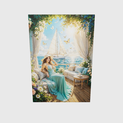 Coastal Balcony Seascape Canvas Art – Elegant Woman Ocean View Decor