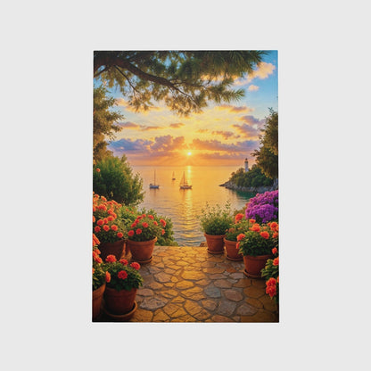 Coastal Sunset Canvas Art - Mediterranean Seascape Wall Decor, Lighthouse View