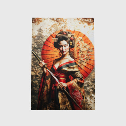 Fiery Guardian Geisha - Katana & Vibrant Umbrella Canvas Art