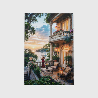 Mediterranean Sunset Villa Canvas Art – Coastal Balcony Elegant Decor