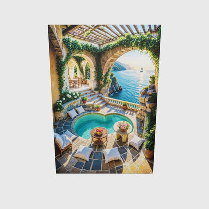 Mediterranean Villa Pool Canvas Art – Coastal Patio Seascape Decor