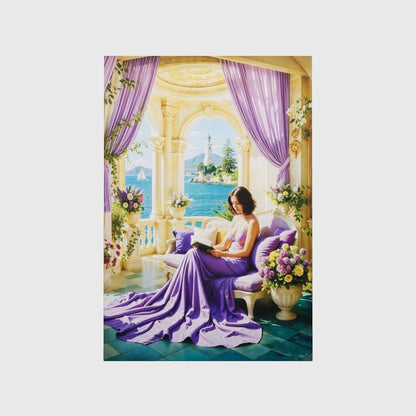 Purple Mediterranean Balcony Canvas Art – Coastal Seascape Elegant Decor